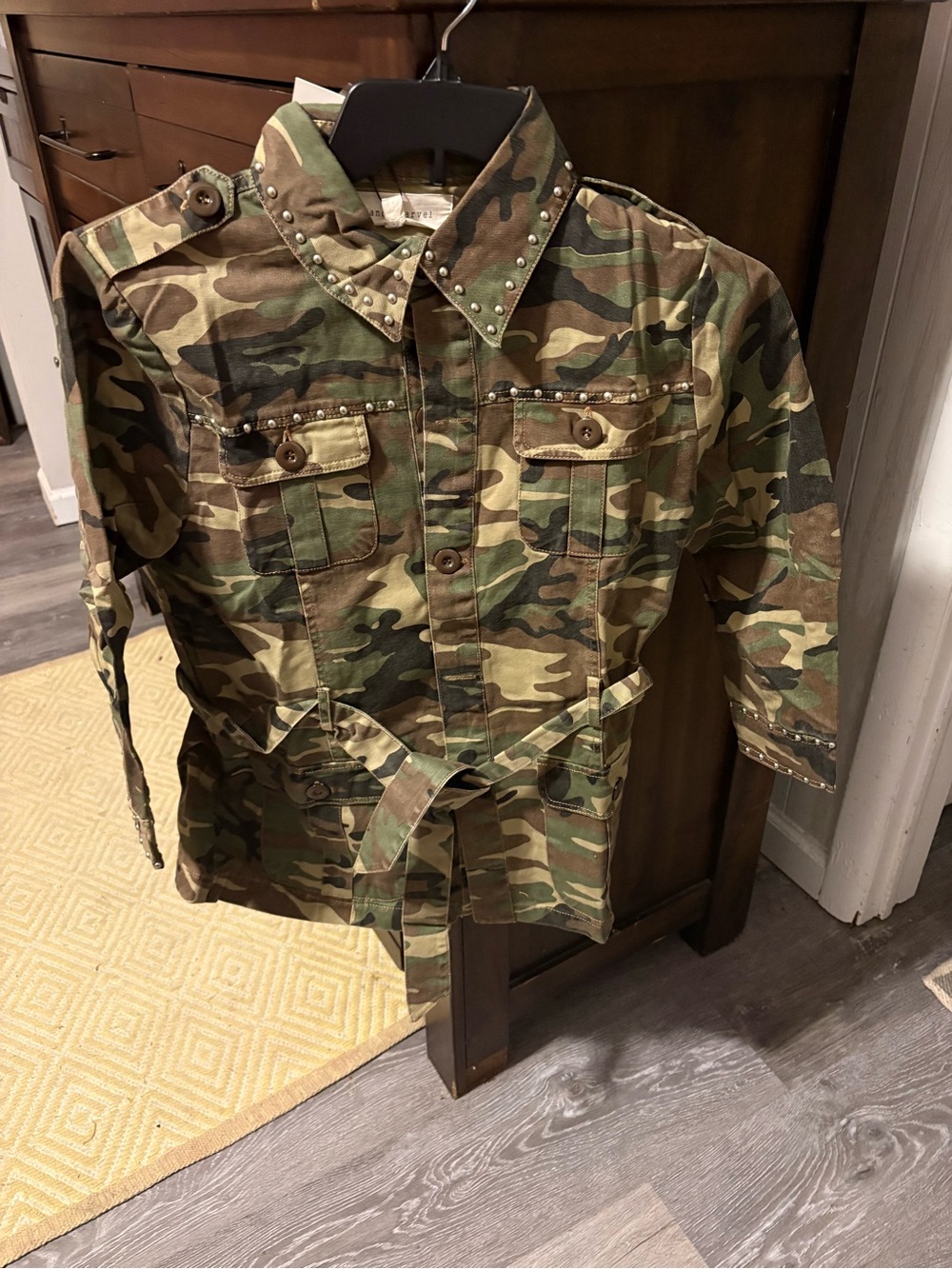 Dance & Marvel Camouflage Studded Utility Button-Down Shirt - Green, Brown